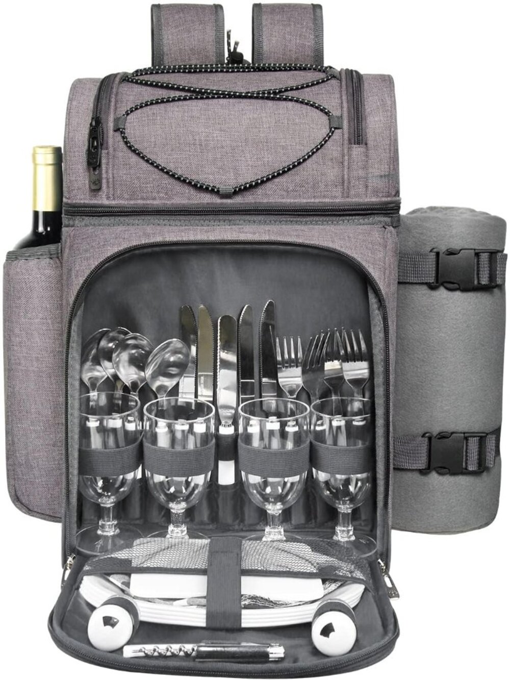 Picnic Basket Backpack for 4 Person with 2 Insulated Cooler Compartment, Wine Ho